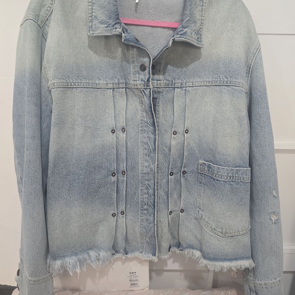 Free People Light Blue Denim Jacket with Frayed Hem